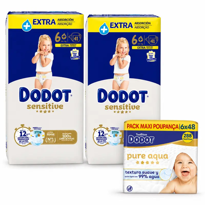 Dodot Sensitive Taille 6, 82 couches + Dodot Pure Aqua 288 Lingettes