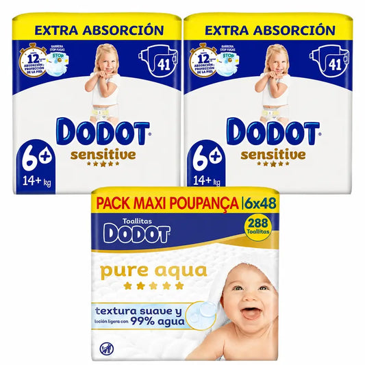 Dodot Sensitive Taille 6, 82 couches + Dodot Pure Aqua 288 Lingettes