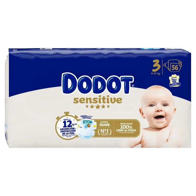Dodot Sensitive Taille 3 (6-10 Kg), 56 couches
