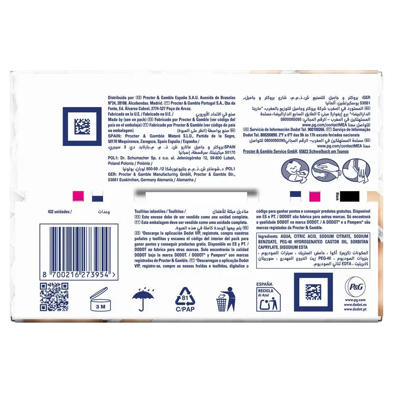 Dodot Pure Aqua Baby Wipes, 432 pièces