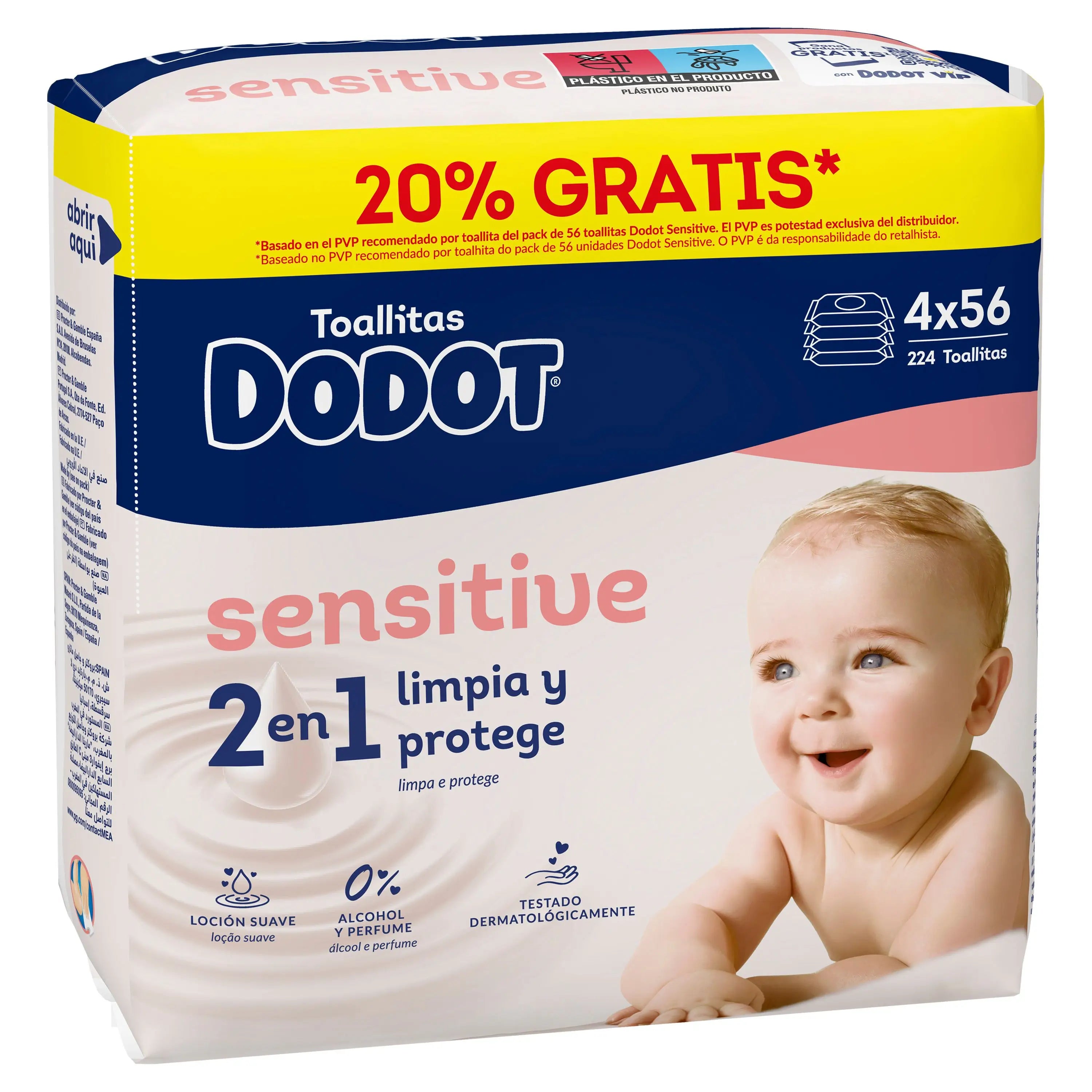 Dodot Lingettes Sensibles, 4x56, 224 pièces (20% GRATUIT)