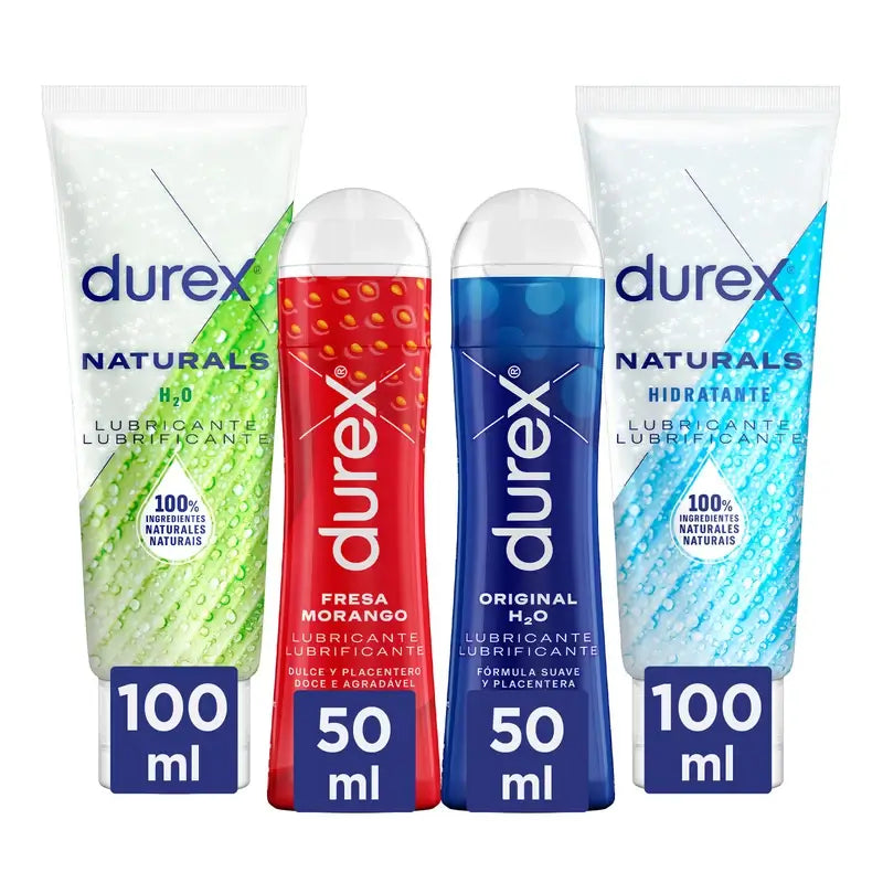 Durex Lubricant Pack Natural, 100 Ml + Original, 50 Ml + Naturals Hyaluronic Acid, 100 Ml + Strawberry, 50 Ml