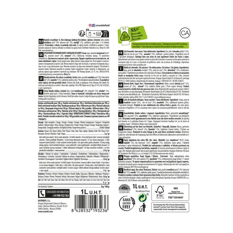 Ecomil Amande Nature Keto Bio, 1L x 6 pcs.