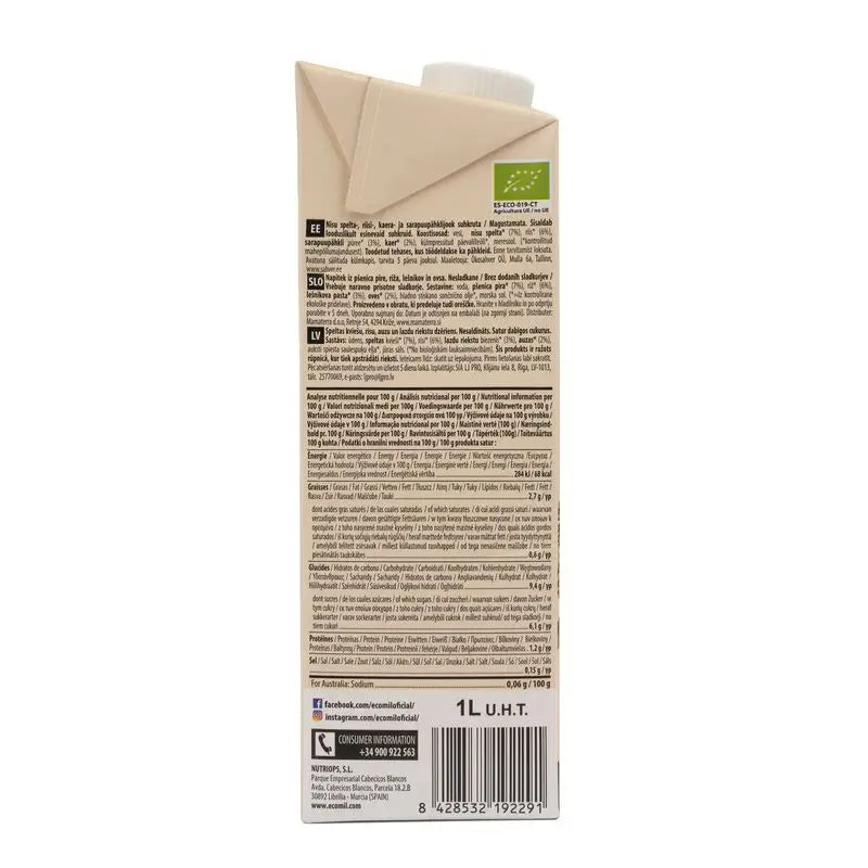 Ecomil Bio Epeautre Riz Noisette Avoine Flocons d'avoine, 1 l