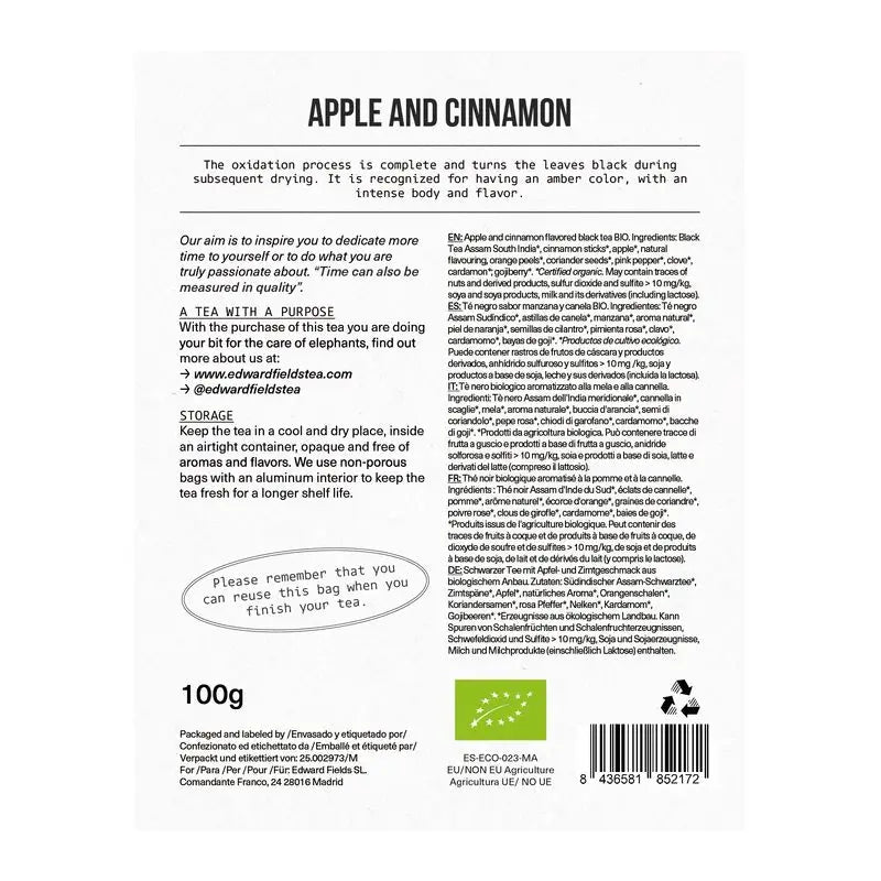 Edward Fields Tea Thé noir bio en vrac avec pomme et cannelle 50 tasses , 100 grammes