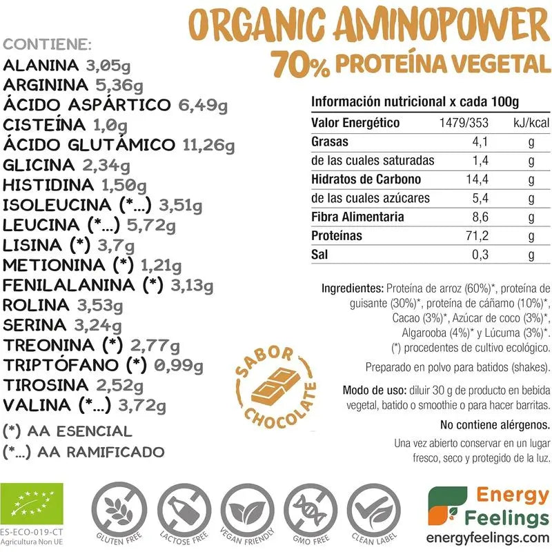 Energy Feelings Organic Aminopower 70% Chocolat 500Gr. Eco Vegan
