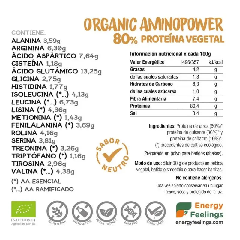 Energy Feelings Organic Aminopower 80% Neutre 500Gr. Eco Vegan Sg