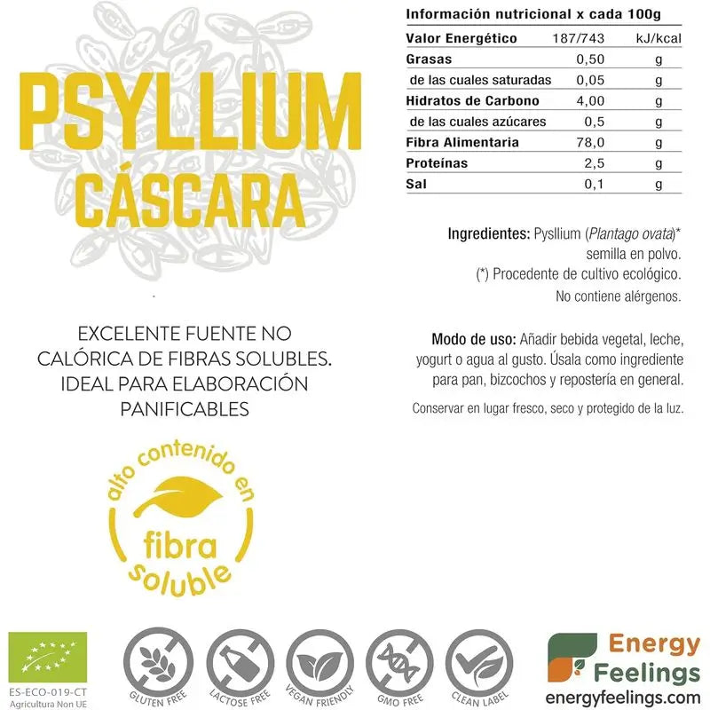 Energy Feelings Psyllium Enveloppe Entière 500Gr. Eco Vegan Sg