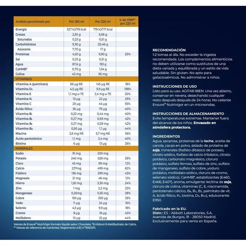 Ensure Nutrivigor Chocolate Milkshake Adult, 4 bouteilles x 220ml