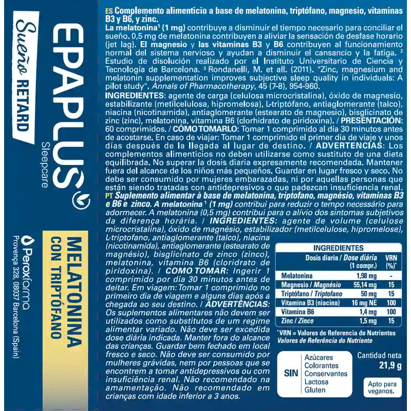 Epaplus Sleepcare Melatonin Retard avec Tryptophane Plus , 60 comprimés