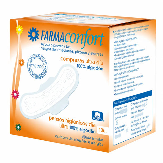 Compresses ultrafines Farmaconfort 100 % coton pour une utilisation de jour