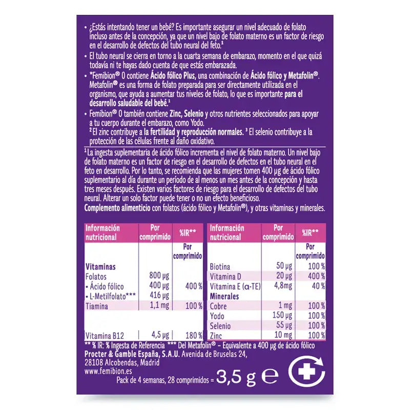 Femibion 0 Planification de la grossesse avec acide folique plus, 28 comprimés