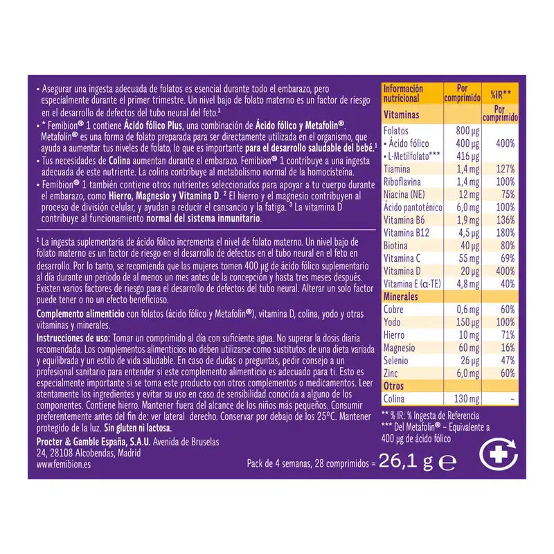 Femibion 1 Premier trimestre de grossesse, Semaines 1-12, Acide Folique Plus, 3X28 Comprimés