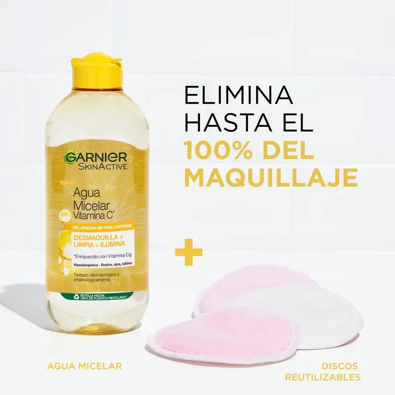 L'eau micellaire Garnier Vitamine C nettoie, démaquille et éclaircit la peau terne. Formule hypoallergénique - 400 ml