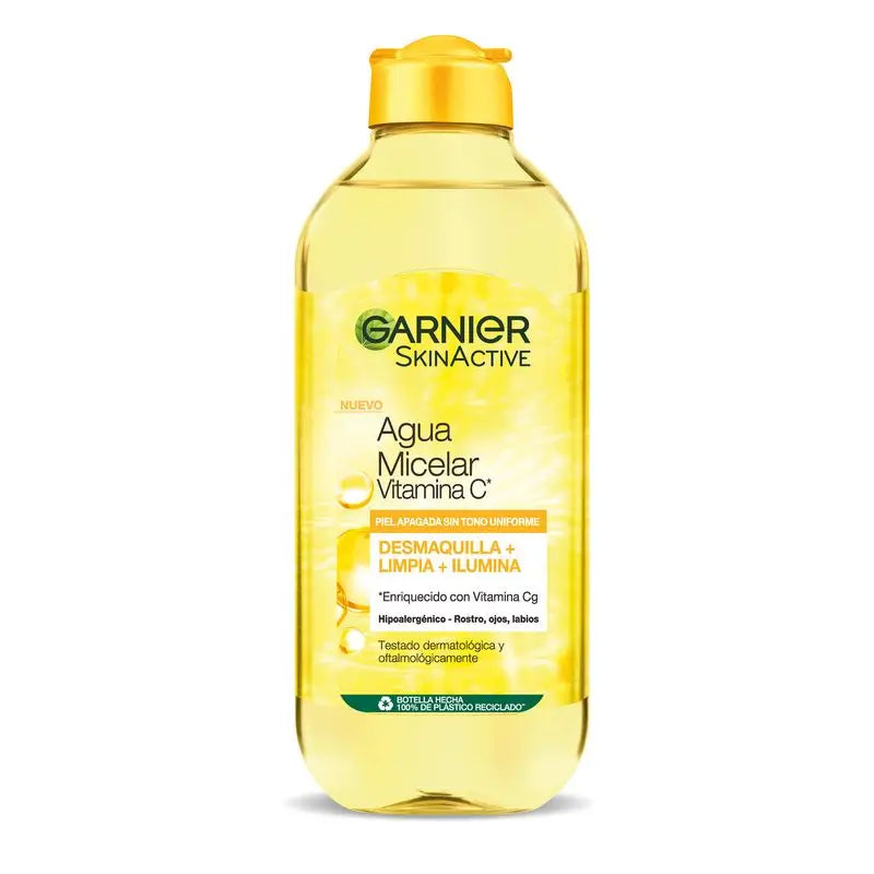 L'eau micellaire Garnier Vitamine C nettoie, démaquille et éclaircit la peau terne. Formule hypoallergénique - 400 ml