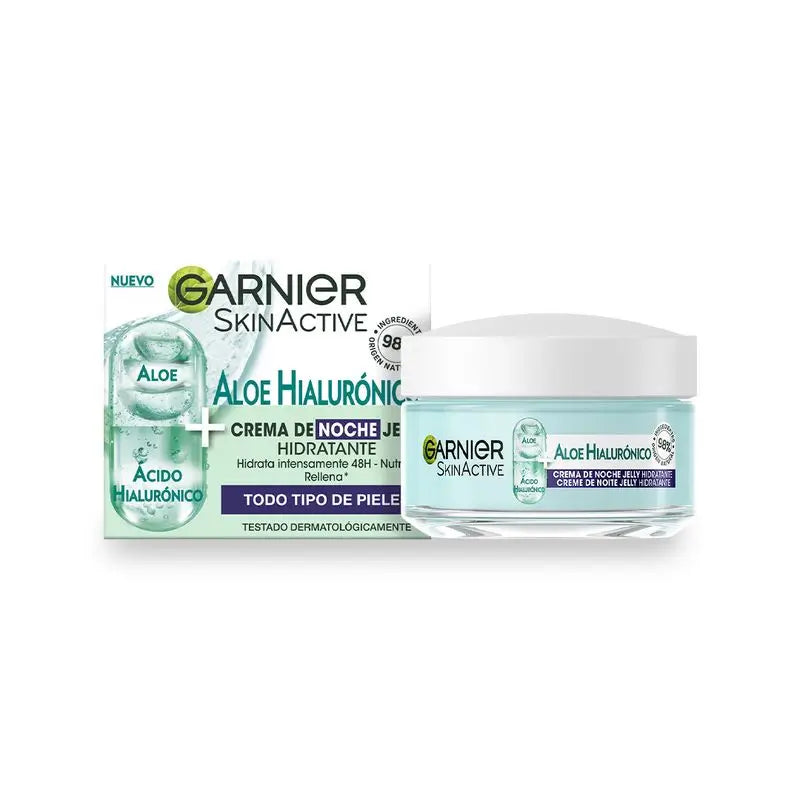 Garnier Aloe Hyaluronic Night Cream avec Acide Hyaluronique + Aloe + Argan. Hydrate pendant 48 heures, nourrit, régénère.