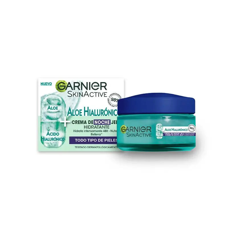 Garnier Aloe Hyaluronic Night Cream avec Acide Hyaluronique + Aloe + Argan. Hydrate pendant 48 heures, nourrit, régénère.