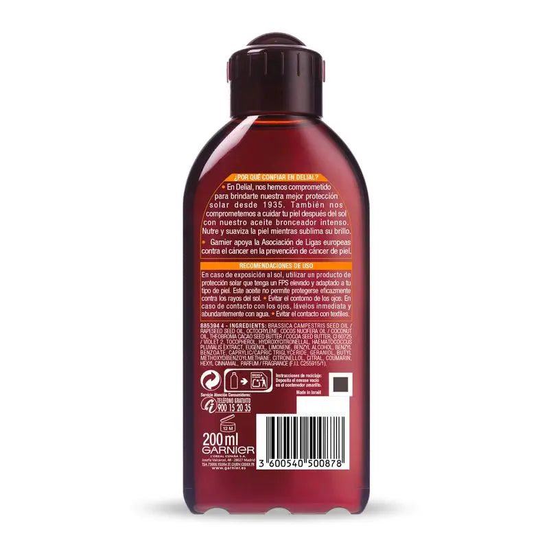 Garnier Delial Huile Bronzante Intense à l'Huile de Coco Nourrissante - 200 Ml