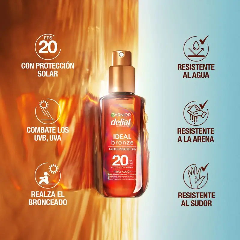 Garnier Delial Huile Bronzante Protectrice Spf 20. Bronzage optimal, fini satiné, résistant à l'eau, non collant 150Ml