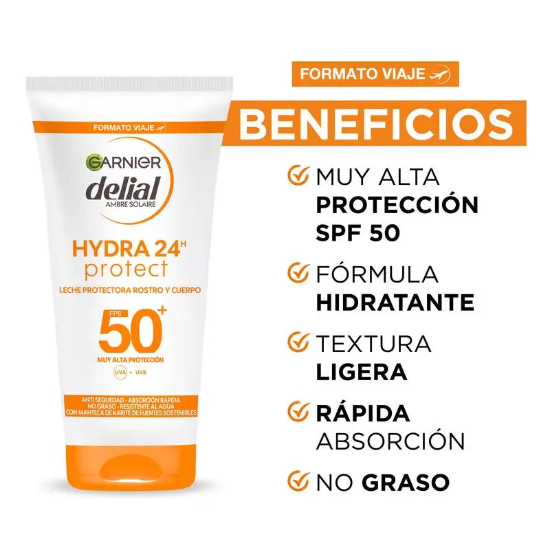 Garnier Delial Lait protecteur Spf 50+ Hydra 24 Protect, formule résistante à l'eau et hydratante au beurre de karité