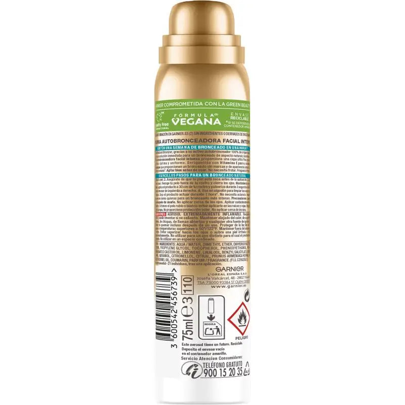 Garnier Delial Natural Bronzer Brume autobronzante pour le visage à l'huile d'abricot pour un bronzage naturel et uniforme, 75Ml