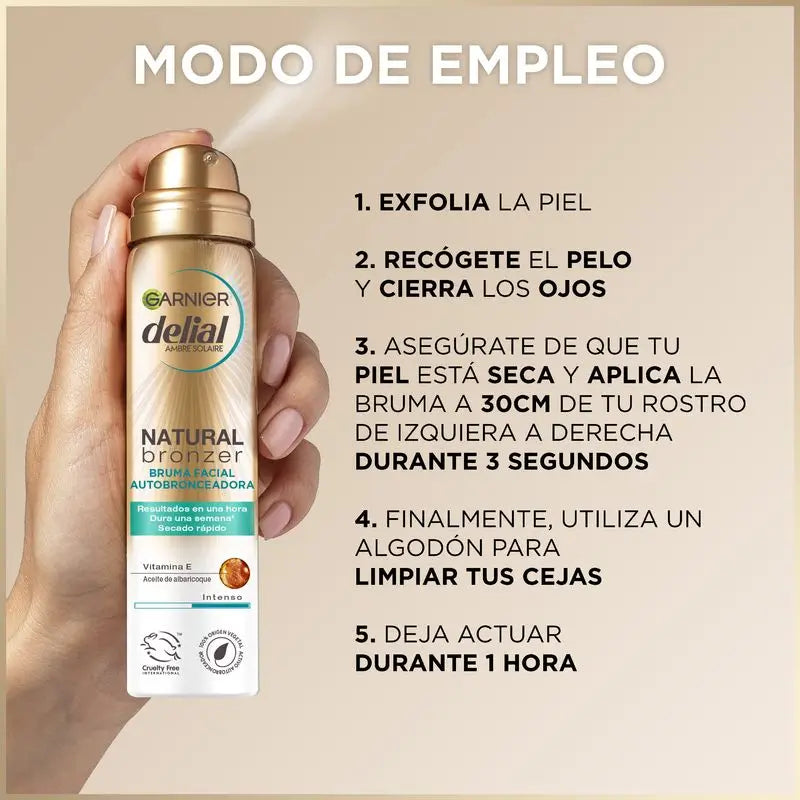 Garnier Delial Natural Bronzer Brume autobronzante pour le visage à l'huile d'abricot pour un bronzage naturel et uniforme, 75Ml