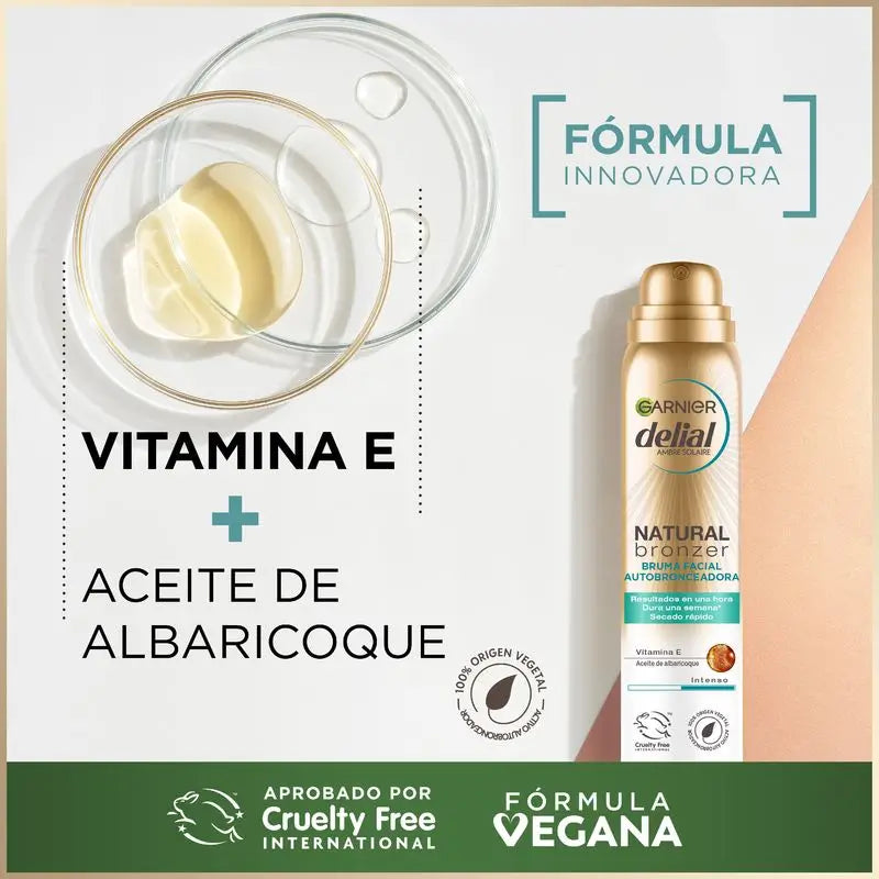 Garnier Delial Natural Bronzer Brume autobronzante pour le visage à l'huile d'abricot pour un bronzage naturel et uniforme, 75Ml