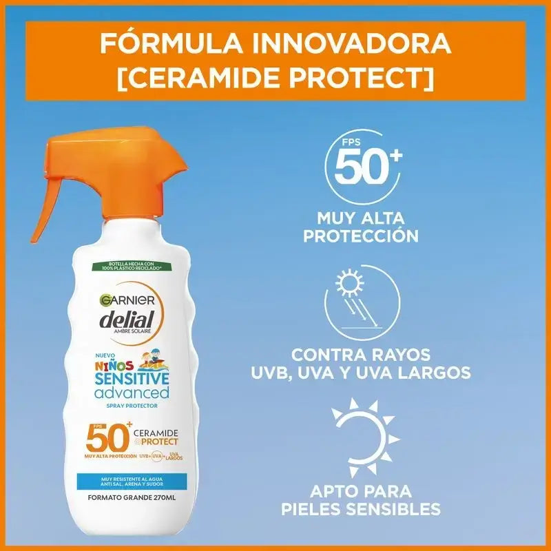 Garnier Delial Delial Crème solaire pour enfants Spf50 Pour peaux claires et sensibles. Pédiatrie, 270Ml