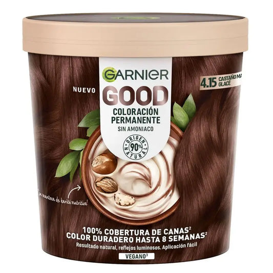 Garnier Good Coloration Permanente Sans ammoniaque, 90% d'origine naturelle Teinte 4.15 Brun Glacé.