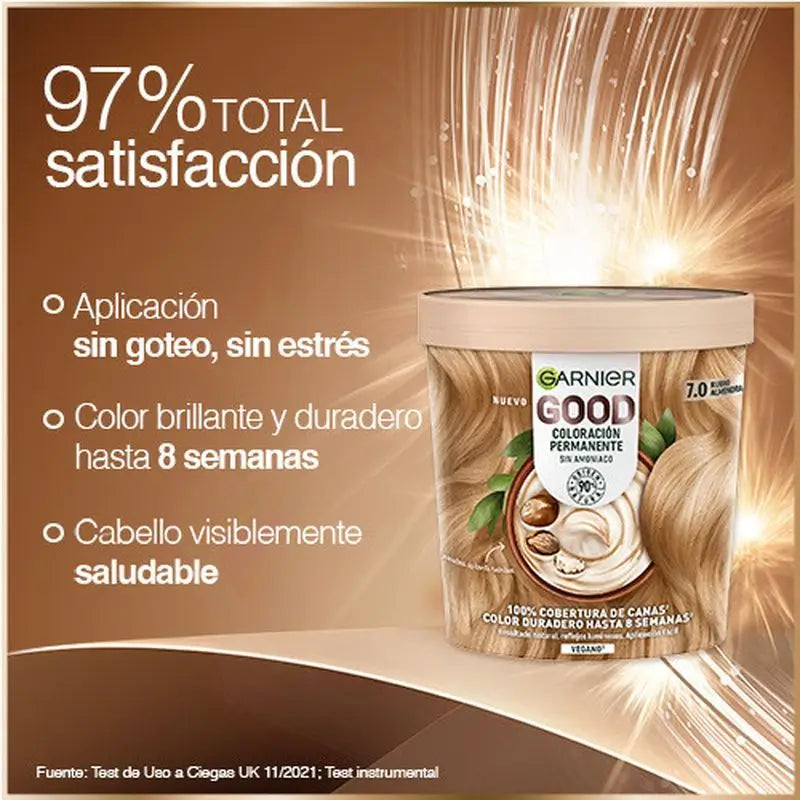Garnier Good Coloration Permanente Sans ammoniaque, 90% d'origine naturelle Teinte 7.0 Blond Amande.