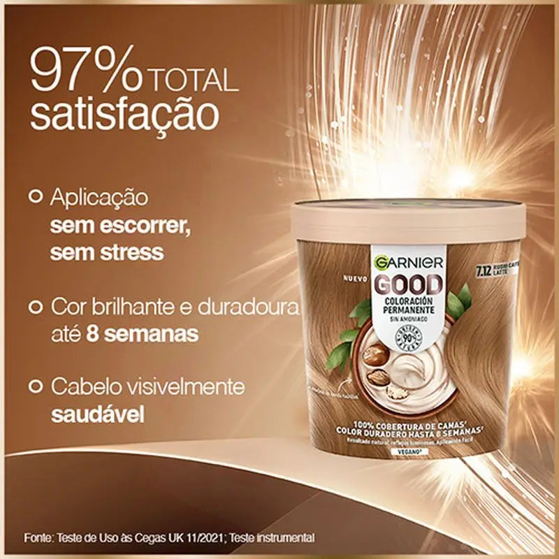 Garnier Good Coloration permanente sans ammoniaque, 90% d'origine naturelle Teinte 7.12 Café Latte Blonde.