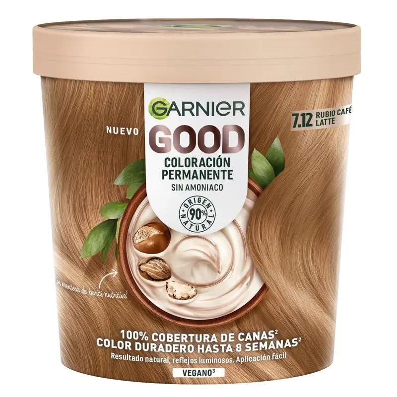 Garnier Good Coloration permanente sans ammoniaque, 90% d'origine naturelle Teinte 7.12 Café Latte Blonde.