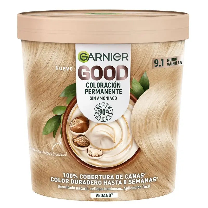 Garnier Good Coloration Permanente Sans ammoniaque, 90% d'origine naturelle Teinte 9.1 Blond Vanille.