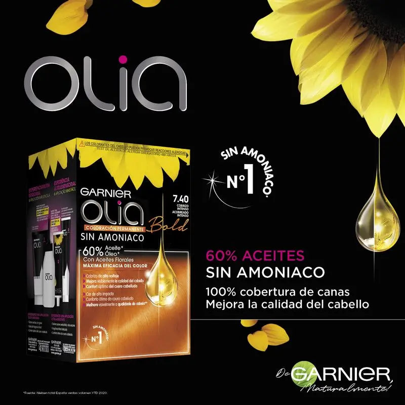Garnier Olia Coloration permanente sans ammoniaque, à l'odeur agréable avec des huiles florales naturelles - Bold Intense Copper 7.40