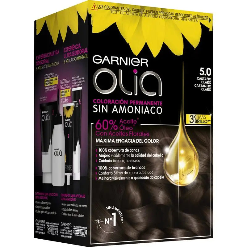 Garnier Olia Coloration Permanente Sans Ammoniaque, Odeur Agréable Avec Huiles Florales Naturelles - Marron Clair 5.0