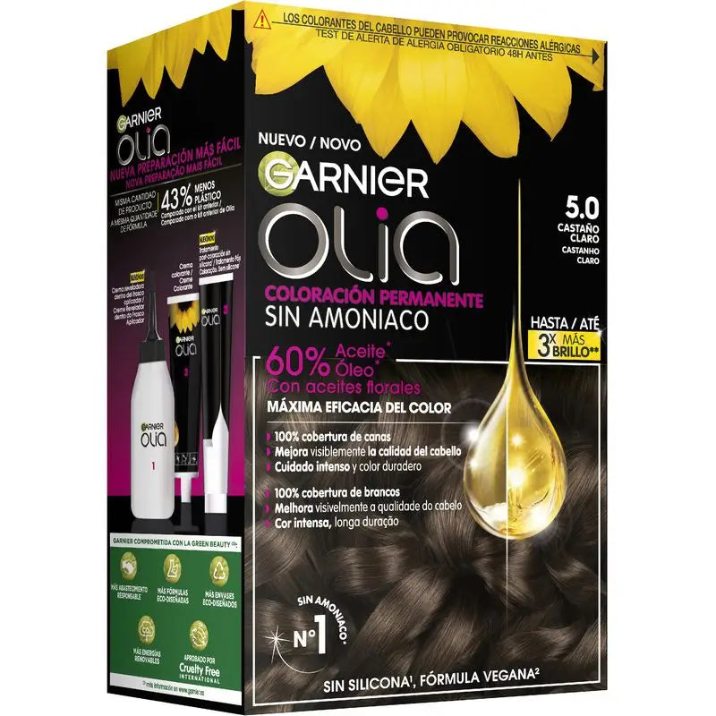 Garnier Olia Coloration Permanente Sans Ammoniaque, Odeur Agréable Avec Huiles Florales Naturelles - Marron Clair 5.0