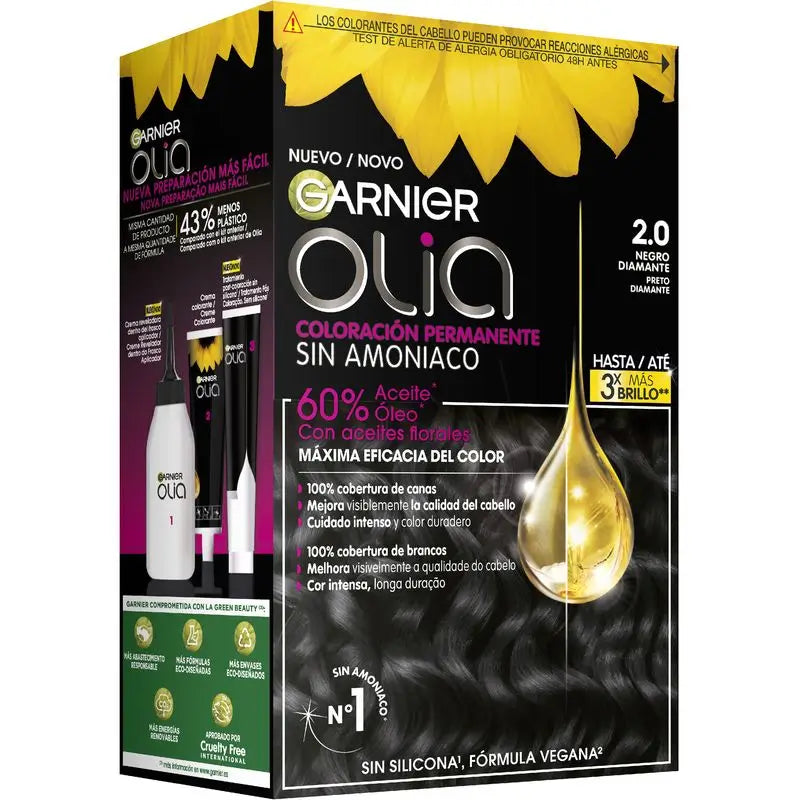 Garnier Olia Coloration Permanente Sans Ammoniaque, Odeur Agréable Avec Huiles Florales Naturelles - Diamond Black 2.0