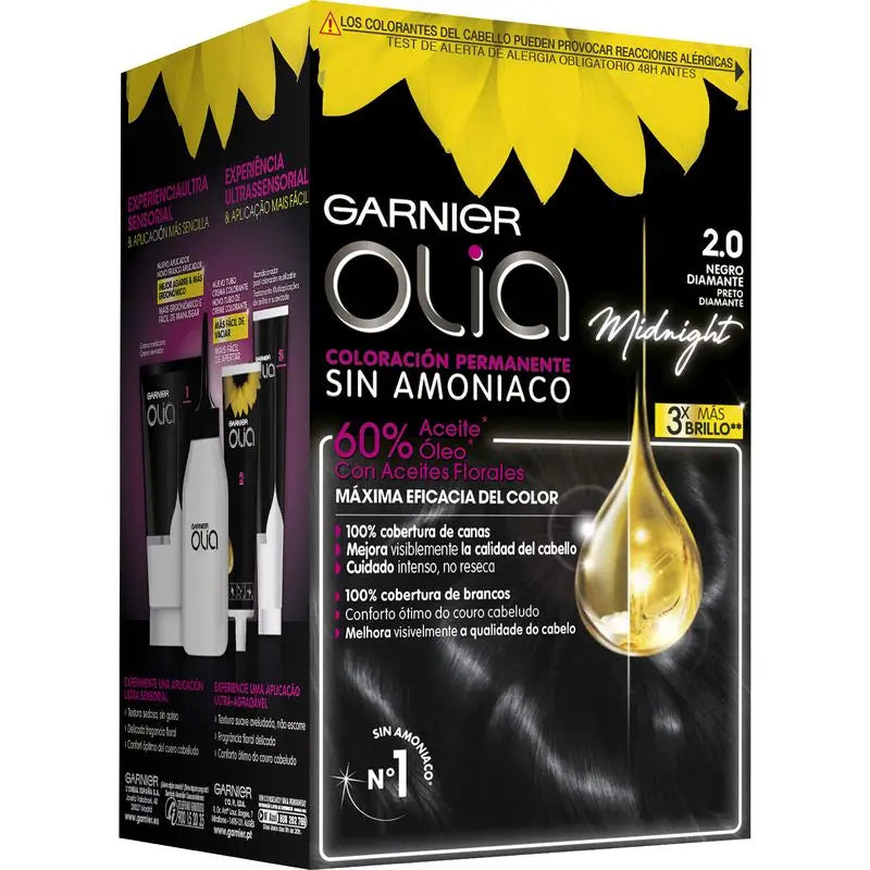 Garnier Olia Coloration Permanente Sans Ammoniaque, Odeur Agréable Avec Huiles Florales Naturelles - Diamond Black 2.0