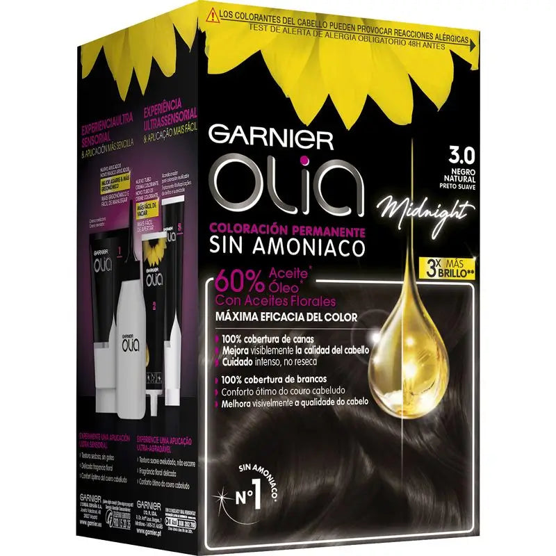Garnier Olia Coloration Permanente Sans Ammoniaque, Odeur Agréable Aux Huiles Florales D'Origine Naturelle - Noir Naturel 3.0