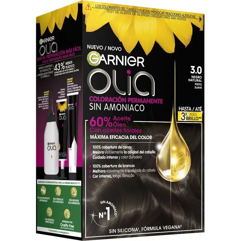 Garnier Olia Coloration Permanente Sans Ammoniaque, Odeur Agréable Aux Huiles Florales D'Origine Naturelle - Noir Naturel 3.0