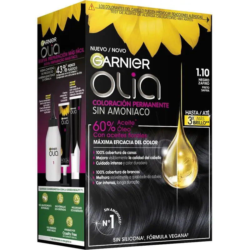 Garnier Olia Coloration Permanente Sans Ammoniaque, Odeur Agréable Avec Huiles Florales Naturelles - Noir Saphir 1.1