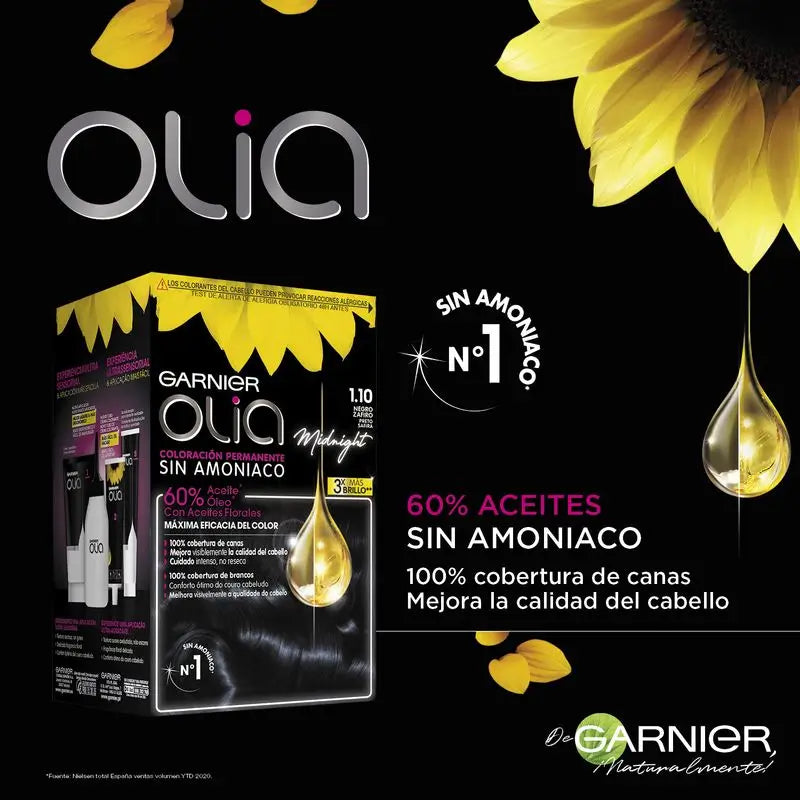 Garnier Olia Coloration Permanente Sans Ammoniaque, Odeur Agréable Avec Huiles Florales Naturelles - Noir Saphir 1.1