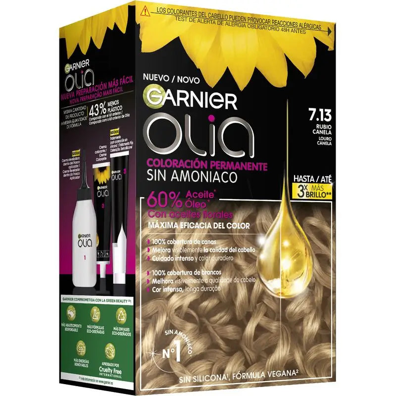 Garnier Olia Coloration Permanente Sans Ammoniaque, Odeur Agréable Avec Huiles Florales Naturelles - Blond Cannelle 7.13
