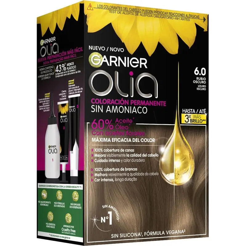 Garnier Olia Coloration Permanente Sans Ammoniaque, Odeur Agréable Avec Huiles Florales Naturelles - Blond Foncé 6.0