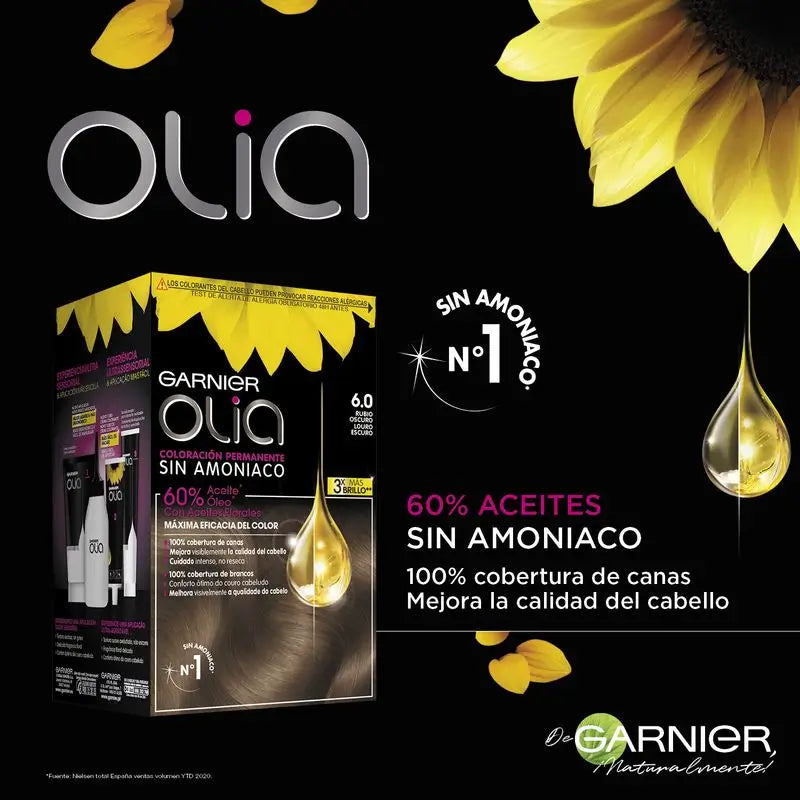Garnier Olia Coloration Permanente Sans Ammoniaque, Odeur Agréable Avec Huiles Florales Naturelles - Blond Foncé 6.0