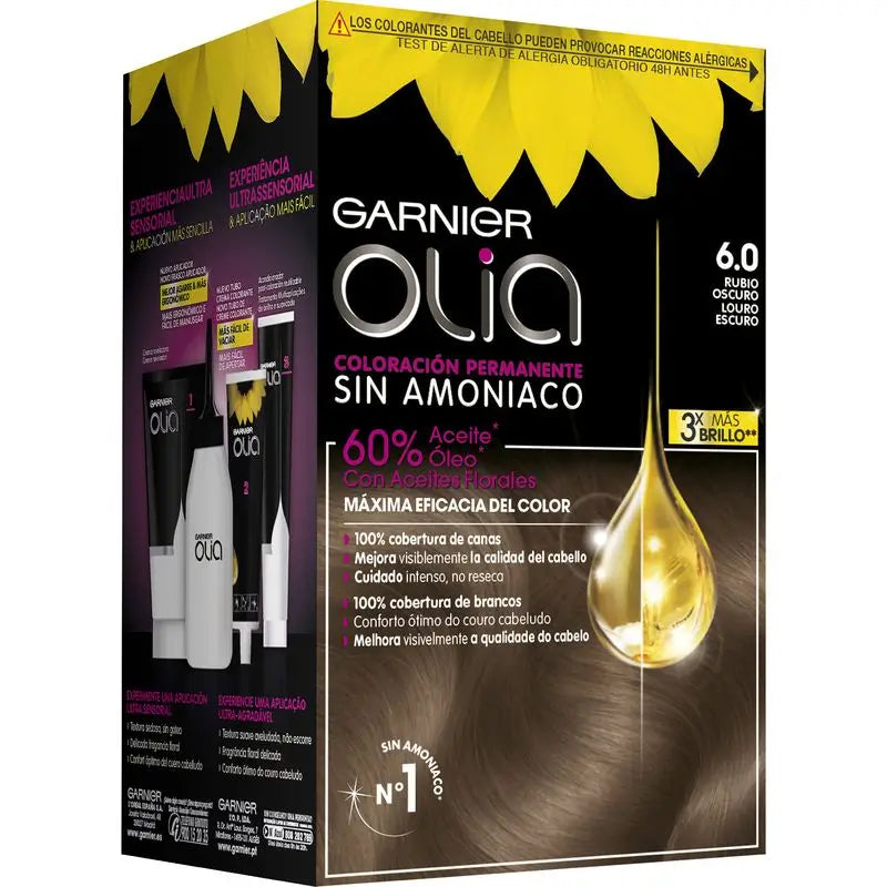 Garnier Olia Coloration Permanente Sans Ammoniaque, Odeur Agréable Avec Huiles Florales Naturelles - Blond Foncé 6.0