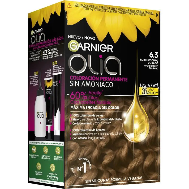 Garnier Olia Coloration Permanente Sans Ammoniaque, Odeur Agréable Avec Huiles Florales Naturelles - Blond Foncé Doré 6.3