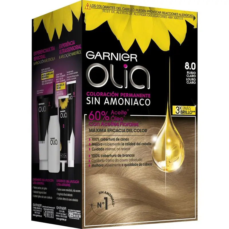 Garnier Olia Coloration permanente sans ammoniaque pour une odeur agréable avec des huiles florales naturelles - Blond clair 8.0