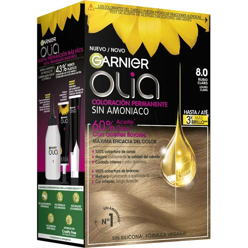 Garnier Olia Coloration permanente sans ammoniaque pour une odeur agréable avec des huiles florales naturelles - Blond clair 8.0