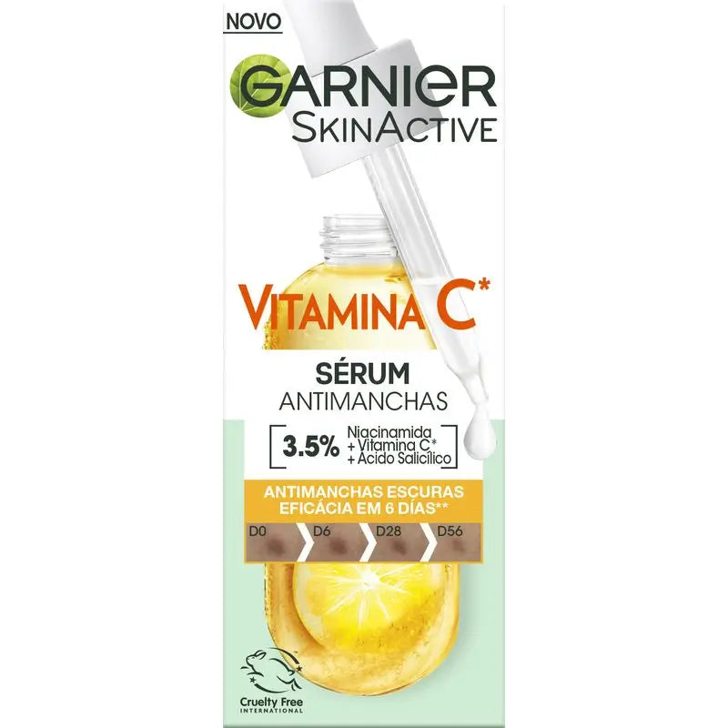 Sérum anti-taches Garnier avec vitamine C, niacinamide et acide salicylique. Réduit 43% des taches brunes.